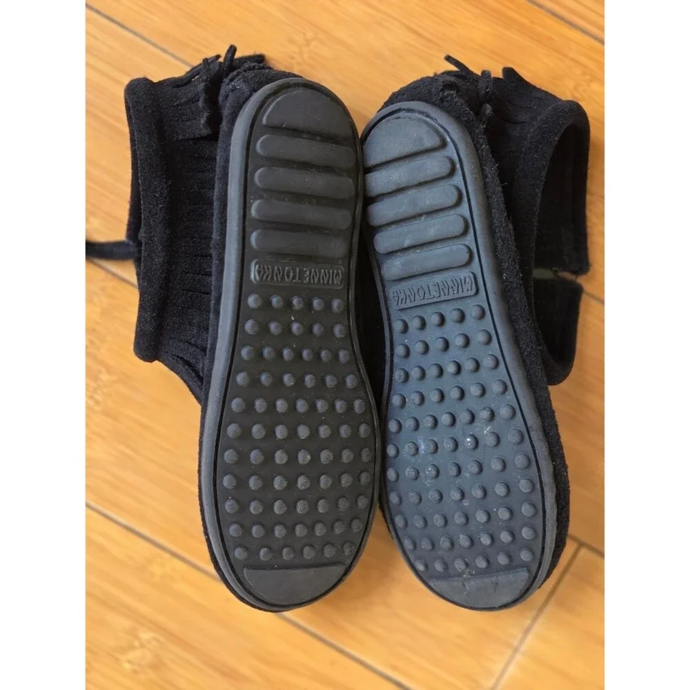 Minnetonka Moccasins Ankle Booties Black Suede Double Fringe Zip Boots Kids 2